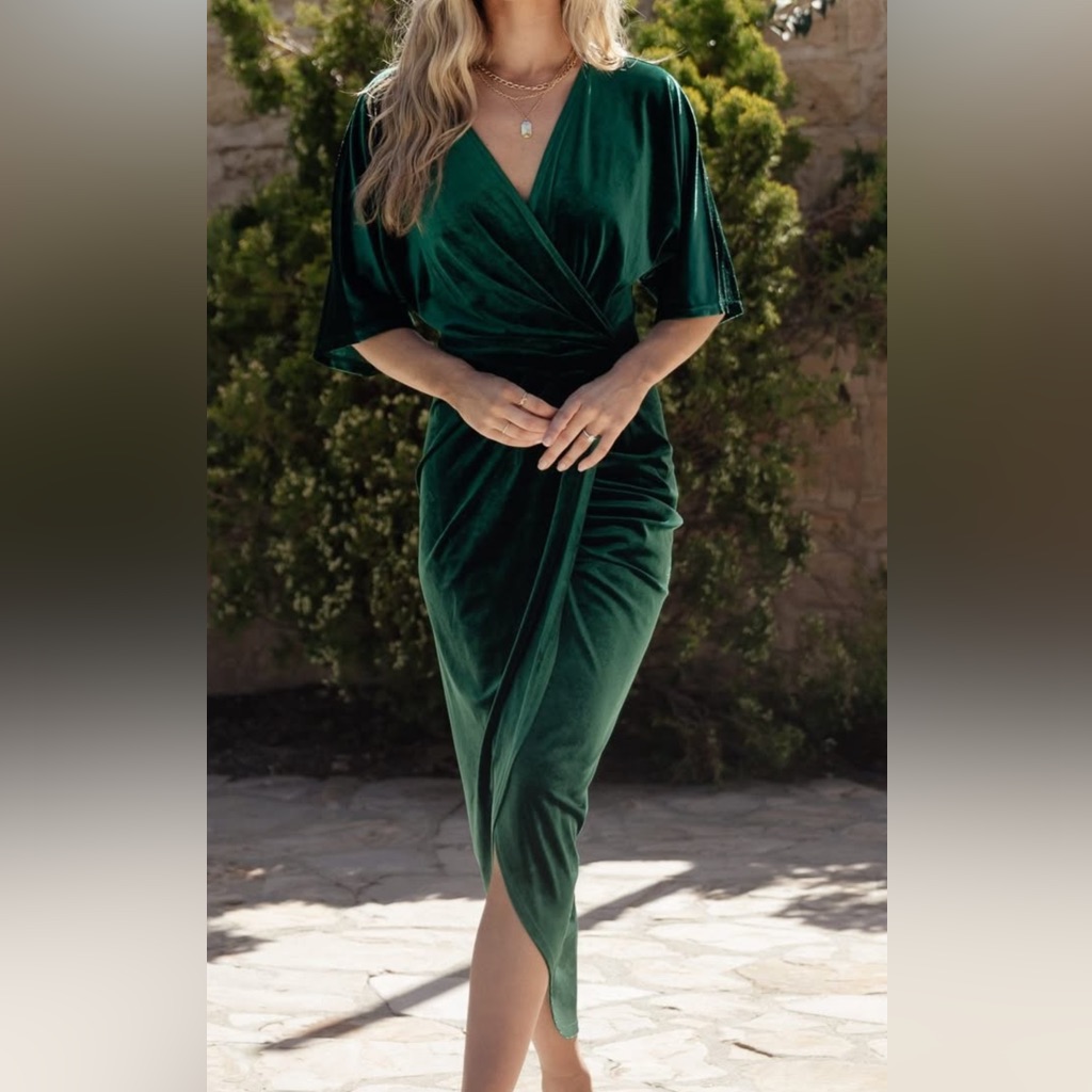 Emerald Green Velvet Wrap Midi Dress